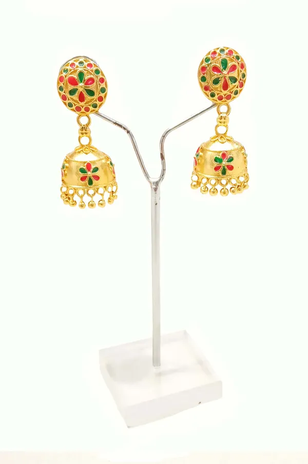 Assamese_Traditional_Copper_Gold_Plated_Green_Colour_Japi_Jhumka_Earring_For_Girls_&_Women